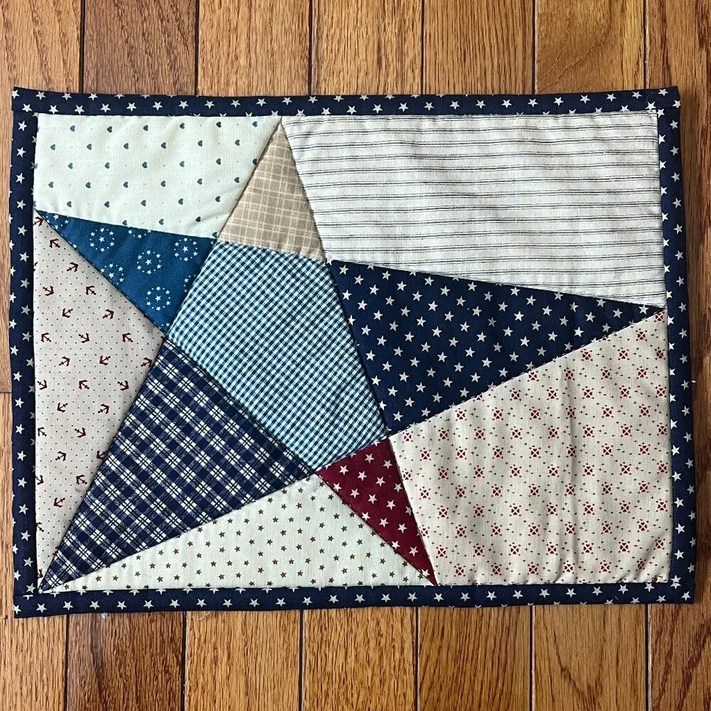 Handmade Hand Stitched Patchwork Primitive Star Quilt Placemat Table Topper